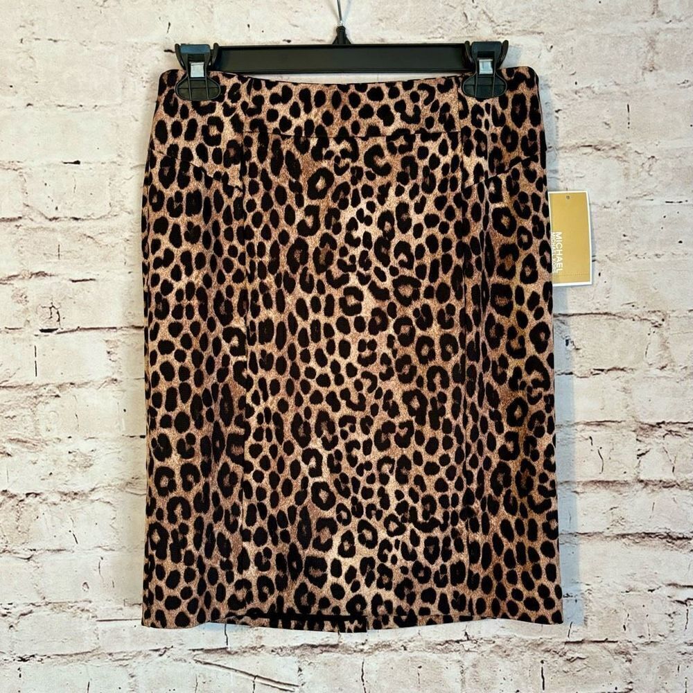 Michael Kors Cheetah Leopard Print Pencil Skirt Exposed Gold Zipper Dark Camel S